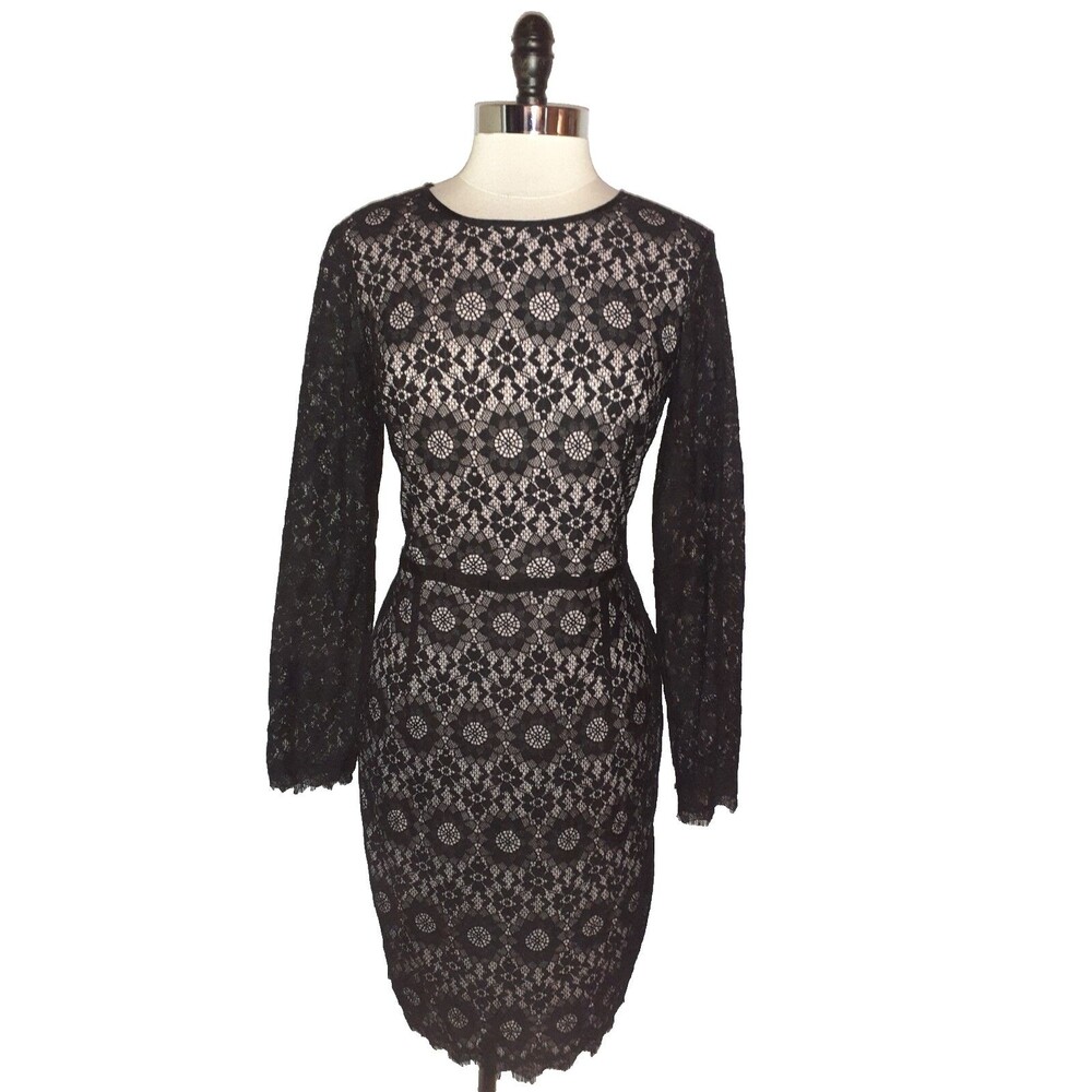 MAGGY LONDON Size 14 Sheath Dress Black Floral Lace Pink Lining Long Sleeve